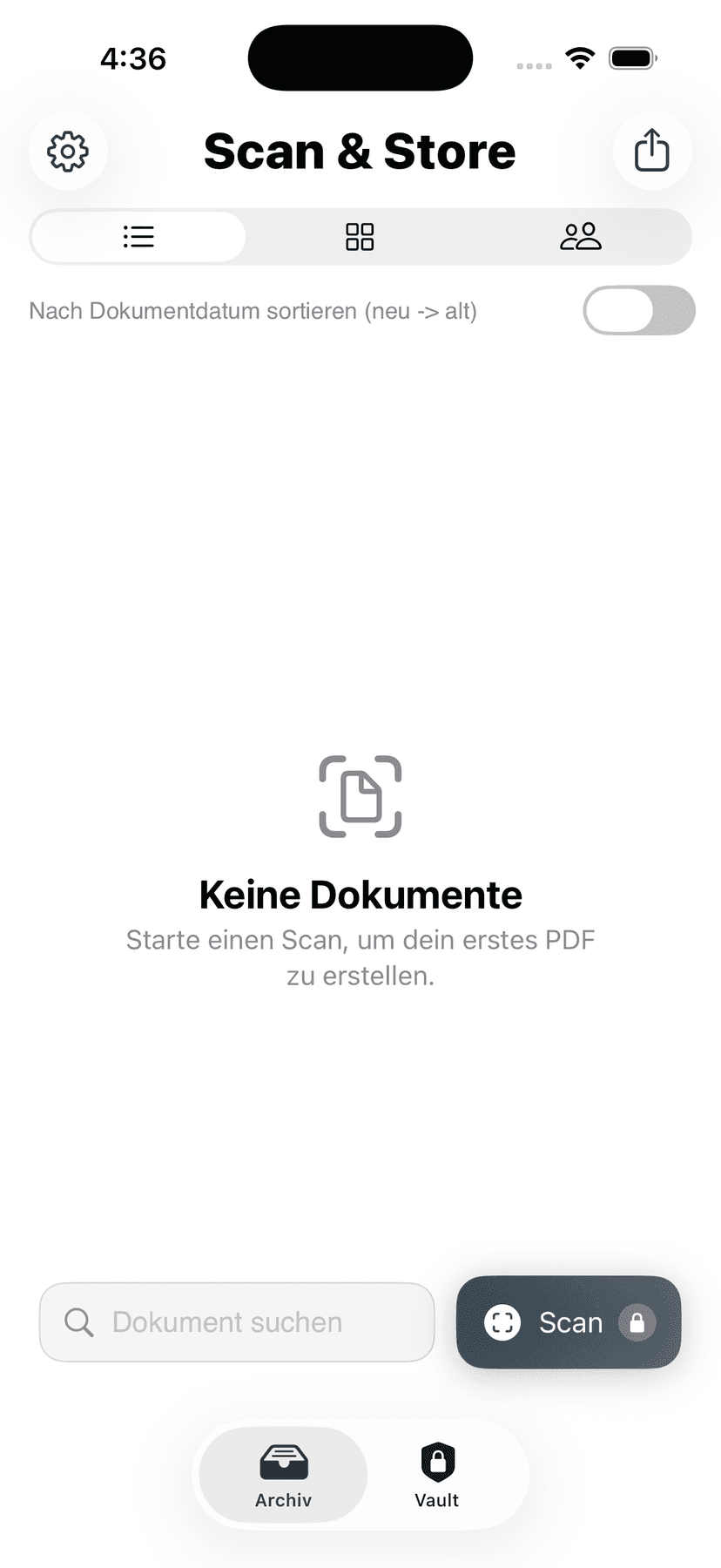 Screenshot von Scan and Store in einer iPhone-Ansicht